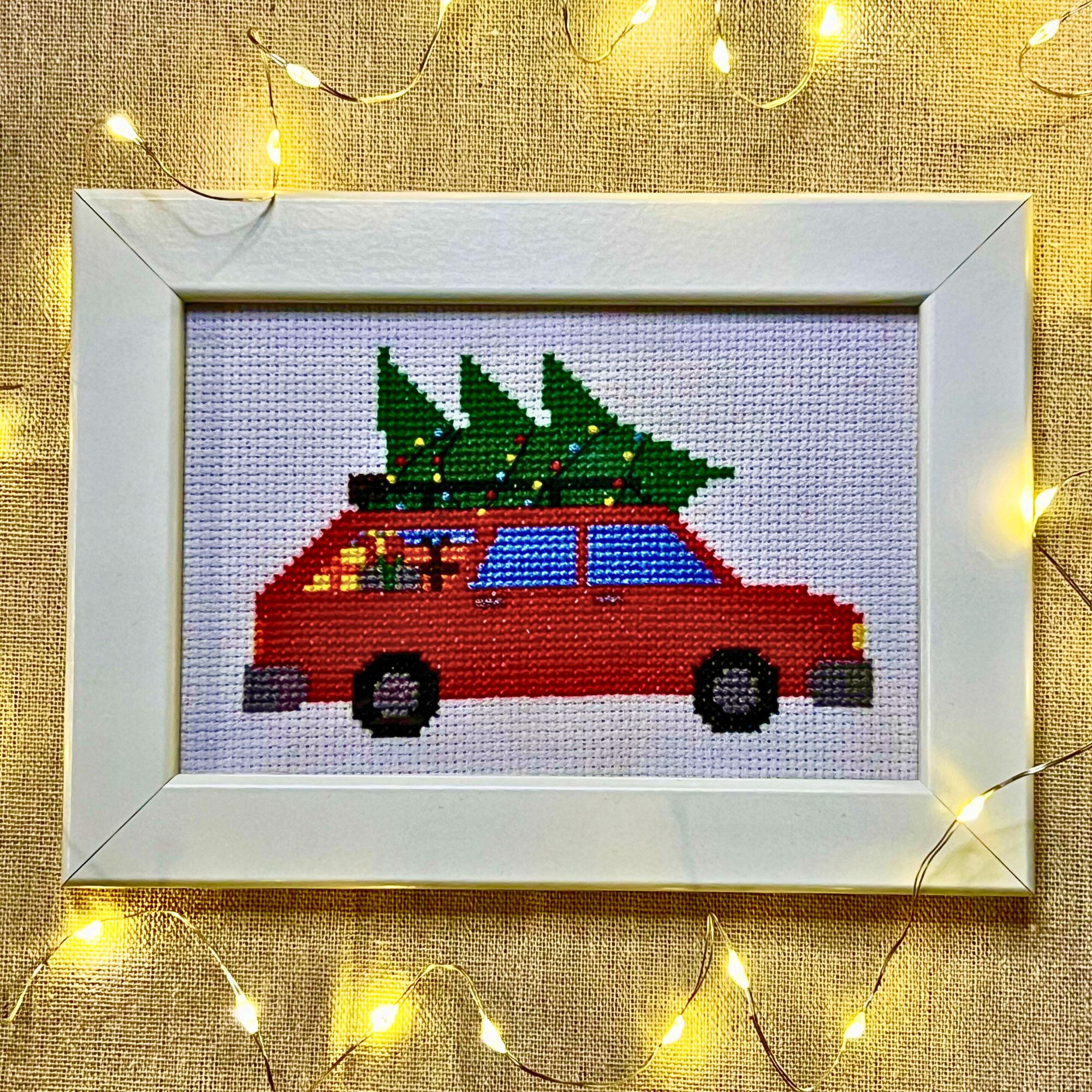 Christmas Red Car Cross Stitch Pattern Vintage Car with Tree pattern